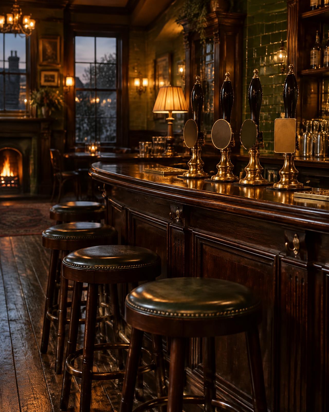 Interior of a traditional British pub at dusk